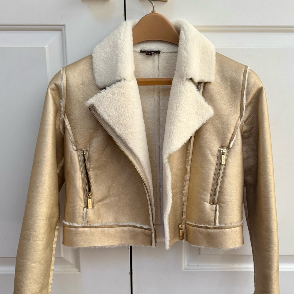 Chic Gold Faux Leather Jacket with Cream Lining